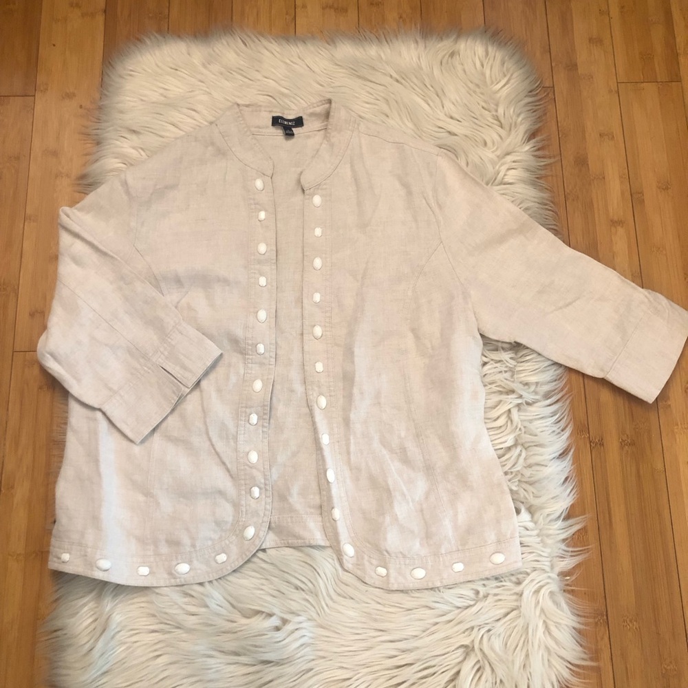 Elementz 100% Linen Beige Open Front Beaded 3/4 Sleeves Lightweight Jack size L - Picture 1 of 9